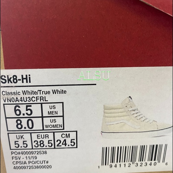 VANS SK8 -HI Classic Suede Canvas White Cream Women's Size 8 VN0A4U3CFRL - Picture 9 of 9